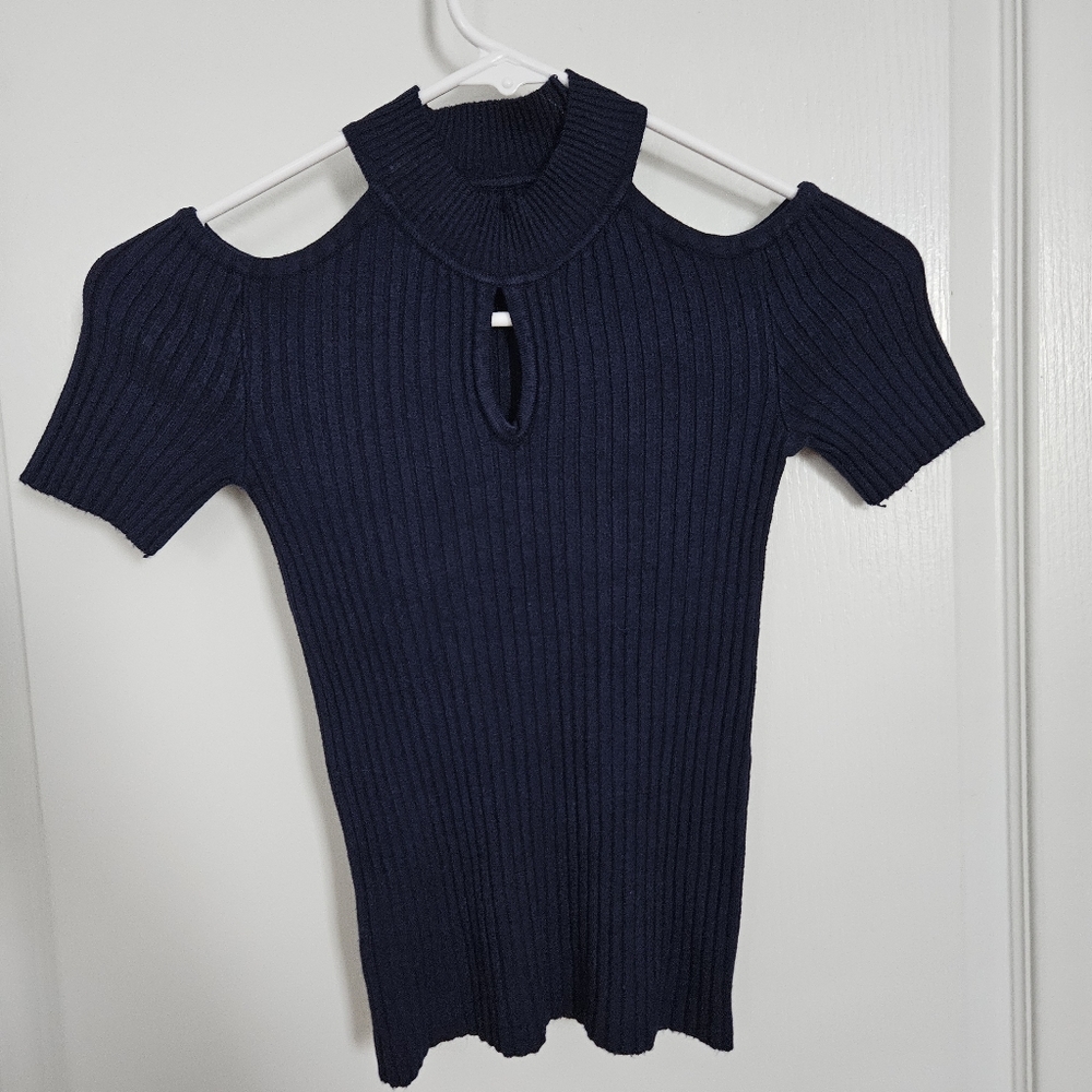 Navy Blue Key Hole Accent Cut Out Shoulder Knitted Top Size S